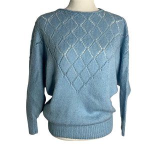 Vintage 80s Open Knit Pullover Sweater S Blue Dolman Sleeve Wool Blend
